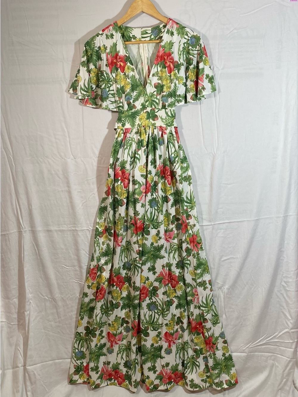 Vtg Handmade Floral V-Neck Maxi Dress Boho, Dopamine, Hawaiian, Festival READ